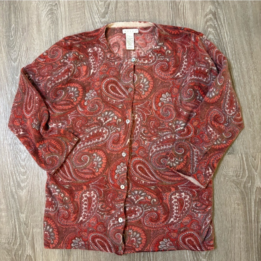 Womens Angora Wool Blend Cardigan Sweater Paisley Red Brown Size L​​ - Picture 4 of 9